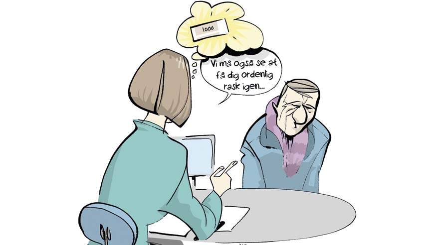 Mindst otte af landets kommuner har i de seneste år forgyldt socialrådgivere med tusindvis af skattekroner i form af ekstra løn for at afvikle sygedagpengesager. (Tegning: Bob Katzeneolson)