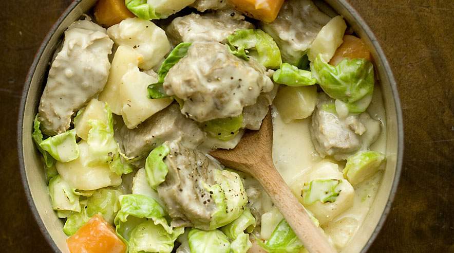 Kalvefrikassé med rosenkål og rodfrugter. En ret, der er pakket med vitaminer og smag. (Foto: Søren Zeuth)