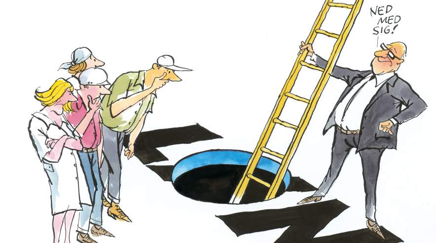 Der er stille omkring forhandlingerne. Men DI, 3F og de andre forbund diskuterer nye overenskomster endnu. Imens larmer slagterier og topchefer. De vil have de ansatte til at klatre ned ad lønstigen. (Tegning: Bob Katzenelson)