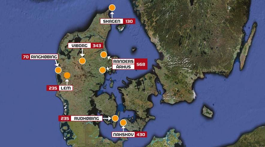 Fyringerne hos Vestas rammer hele landet. (Grafik: Lau Mattesen)