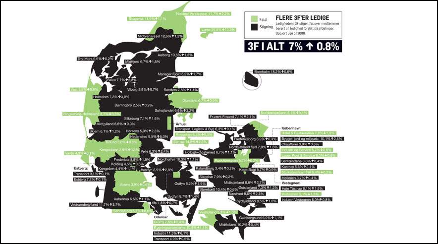 Danmark på vej i sort - 7 pct. af 3F'erne er nu ledige.Klik på linket i højre side "Kort over fyrede 3F'ere" for at se kortet i fuld størrelse.