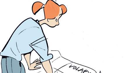 Line Poulø har fået afslag på hjælp, så hun kan uddanne sig til tømrer. Hvis ikke Ankenævnet for Uddannelsesstøtte ombestemmer sig, må hun droppe ud. (Tegning: Bob Katzenelson)