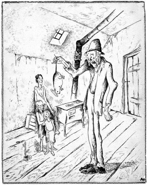 Tegning af Anton Hansen fra 1921. Da den blev trykt første gang, stod der bl.a. i teksten: "Hej barn &#8211; her er julesteg".