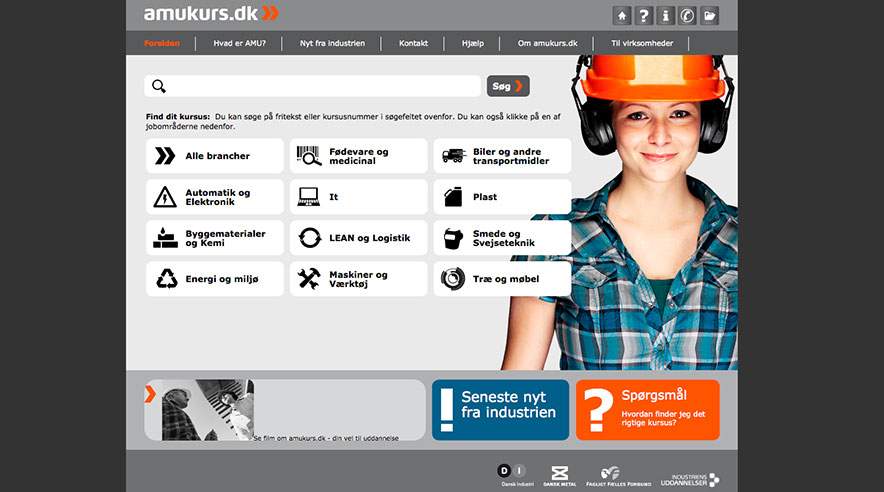 Sådan ser den nye hjemmeside amukurs.dk ud - hvor du nemt kan vælge kursus og tilmelde dig.