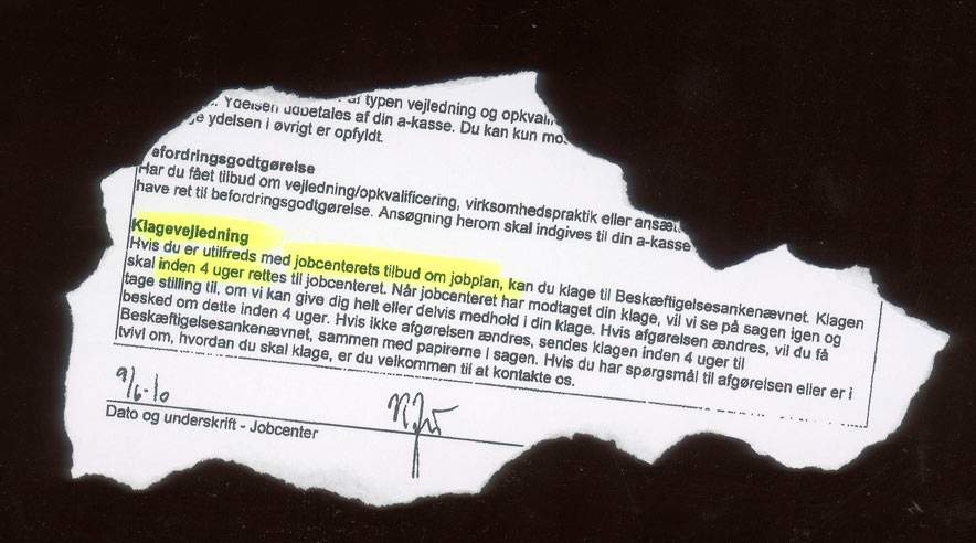 Uddrag fra jobplan, som ledige i Frederica indgår med jobcentret. Det er denne vejleding, som kommunen mener er tilstrækkelig for kursister, der vil klage over JK-Proces. Klik på billedet for at se en større version