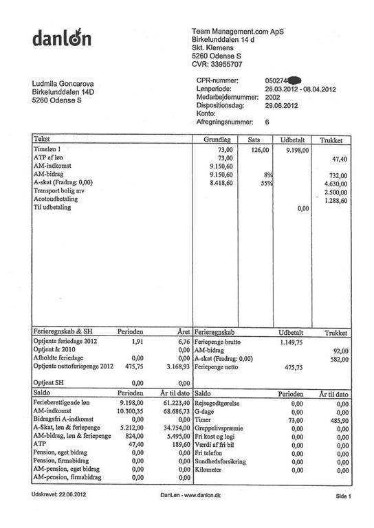 1.288,60 kroner for 73 timers arbejde. Eller 17,65 kroner i timen. Det var lønnen til den lettiske vikar Ludmila Goncarova ifølge hendes lønseddel, når chefen havde trukket husleje, og skatten var betalt. 