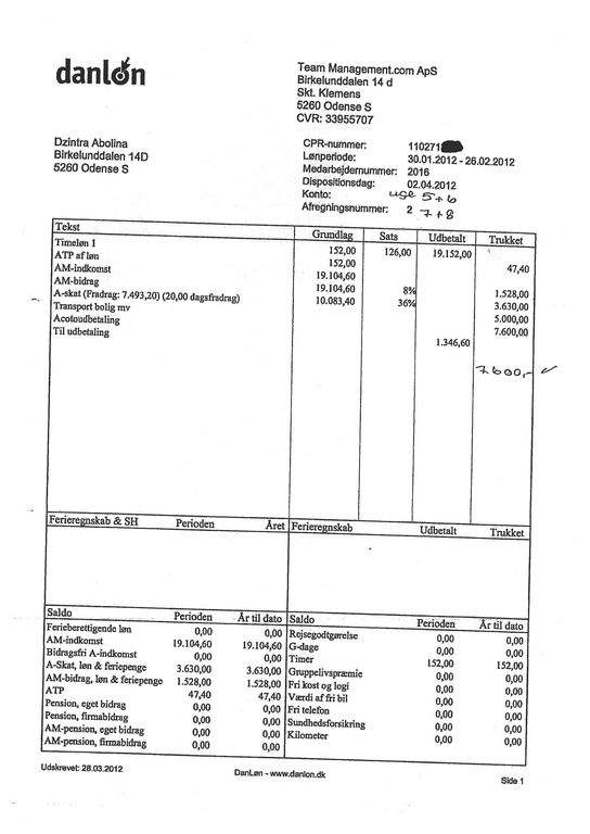 5.000 kroner blev den lettiske vikar Dzintra Abolina trukket i husleje af sin løn for februar i år, viser hendes lønseddel. Bemærk, at vikaren delte adresse med sin arbejdsgiver Team Management. Se flere af vikarens lønsedler <a href=_http_/mediacontent.sd.publicus.com/pdf/SD19439471017.html>her</a>.