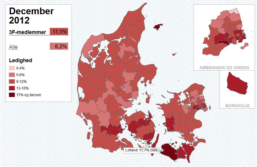 Ledigheden for 3F'ere fordelt på kommuner.  Se udviklingen i de forskellige kommuner. <A href=_http_/46.38.167.183/unemployment/index6717.html?focus=map%22 target=_new>Klik her</A>.