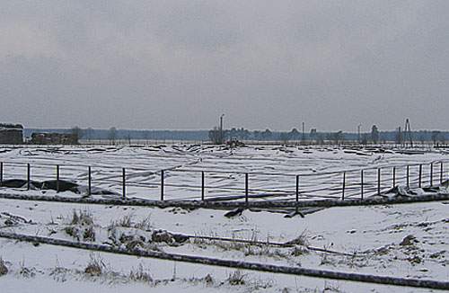 Bag hegnet ses en af de fodboldbanestore gyllelaguner ved Poldanors svinefarm i Koczala, som den 23. december havde fået presenninger henover sig. Nu kan de danske landmænd fjerne overdækningen igen.
 (Foto: Morten Hansen)