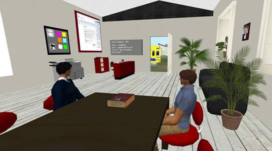 I Second Life mødes kursisten og læreren i form af avatarer - for eksempel som her til vejledning. (Foto fra undervisning af 3F-folk.)