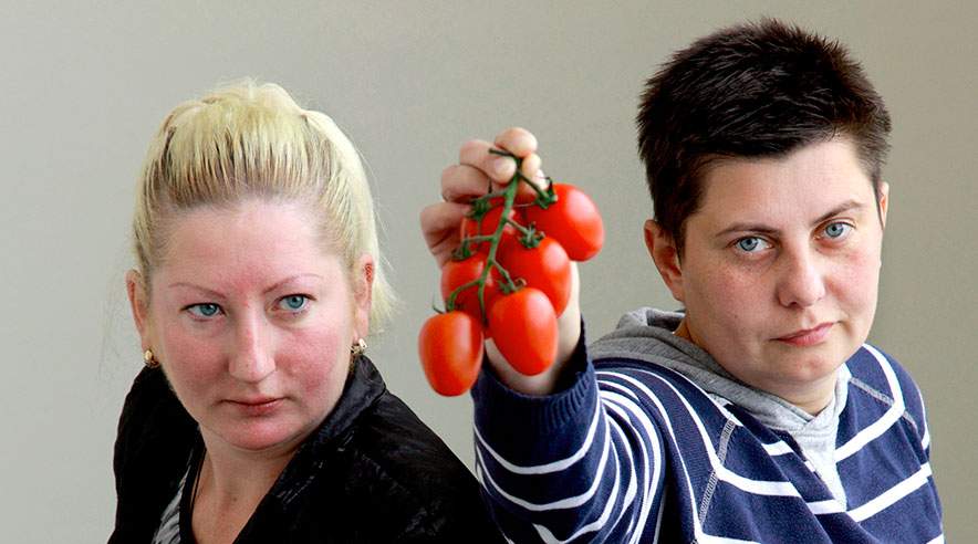 - Vi vil gerne arbejde efter danske regler og have samme rettigheder som andre her i landet, siger de lettiske kvinder Mariana Visneuska (til venstre) og Ludmila Goncarova, der i mere end et år har arbejdet som vikarer hos tomatgartneriet Alfred Pedersen & Søn. (Foto: Ole Friis)