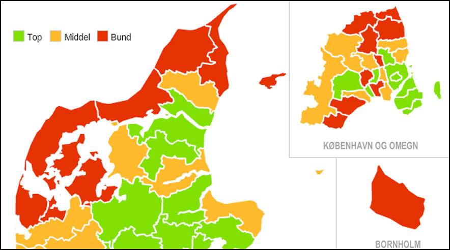 Danmarkskortet beskriver på 24 forskellige parametre de ulige levevilkår i danske kommuner.