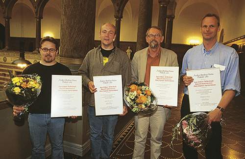 Fire af Fagbladets prisbelønnede journalister. Fra venstre Morten Hansen, Hans Christian Graversen, Hans Jørgensen og Asger Havstein Eriksen. Torben Kragh var fraværende ved prisens uddeling. (Harry Nielsen)