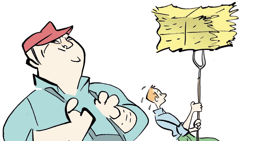 "Vi har intet imod, at danske landmænd har udenlandsk arbejdskraft. Men udlændingene skal ikke spises af med halv løn under et falsk påskud om, at de er elever, når de reelt fungerer som almindelig arbejdskraft," siger Morten Fischer-Nielsen fra 3F's grønne gruppe. (Tegner: Bob Katzenelson)