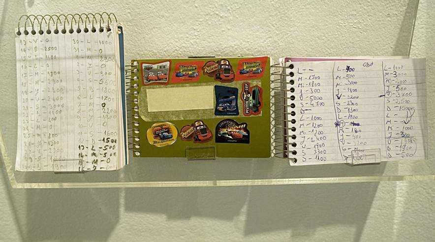 Beslaglagte logbøger fra prostituerede østeuropæere. Her står, hvor mange penge pigerne har tjent på datoer. Bøgerne er pyntet med Disney klistermærker.