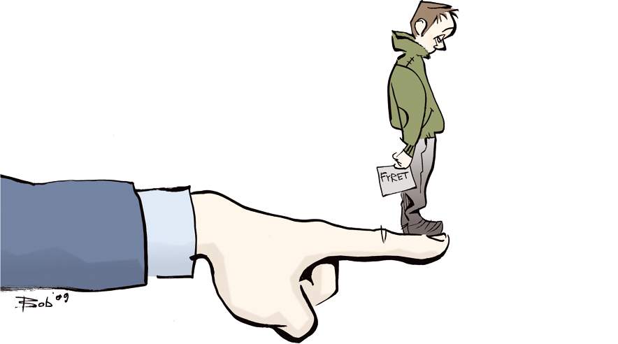 Fyringer er en realitet for mange 3F'ere. Uddannelse er en af vejene tilbage til et job. ((Tegning: Bob Katzenelson))
