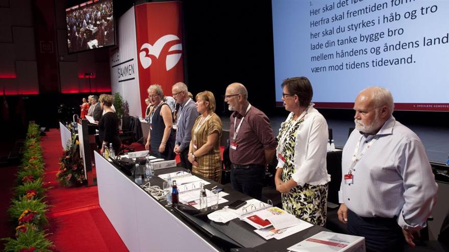 
3F's kongres i Aalborg 21.-26. september bliver den sidste for Bjarne Høpner, der til efteråret stopper som formand for 3F København. Her ses han yderst til højre på 3F's kongres i 2016, der også fandt sted i den nordjyske by. (
	arkiv)